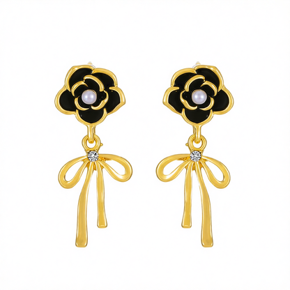 Black Enamel & Pearl Cubic Zirconia-Accent Camellia Bow Drop Earrings