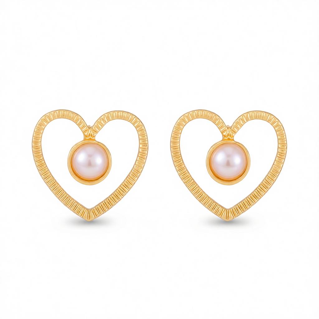 Pearl and 18K Gold-Plated Open Heart Stud Earrings, cubic zirconia stud earrings for women, botanical inspired, side view