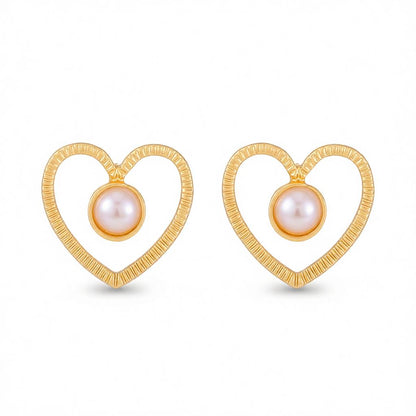 Pearl and 18K Gold-Plated Open Heart Stud Earrings, cubic zirconia stud earrings for women, botanical inspired, side view