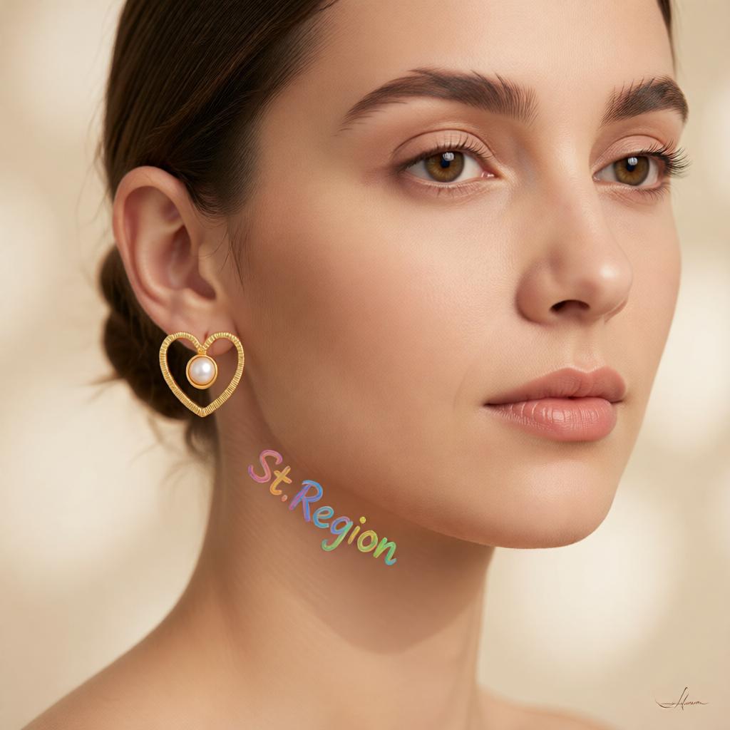 Pearl and 18K Gold-Plated Open Heart Stud Earrings, cubic zirconia stud earrings for women, botanical inspired, styled look