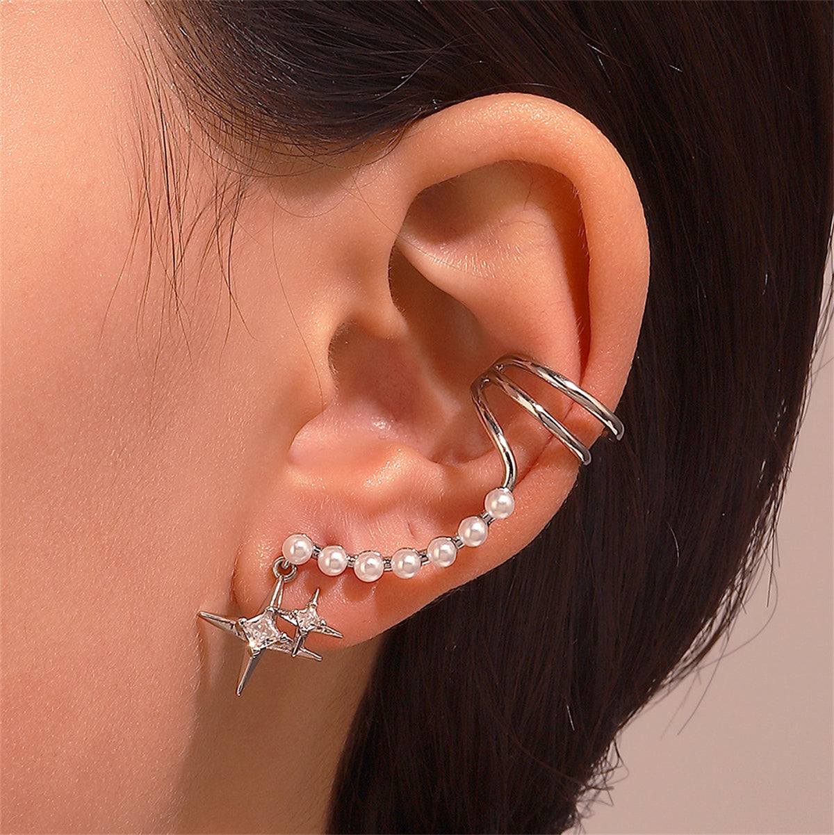 Cubic Zirconia & Pearl Silver-Plated Star Ear Cuff