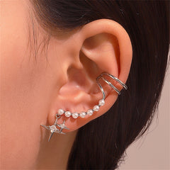 Cubic Zirconia & Pearl Silver-Plated Star Ear Cuff