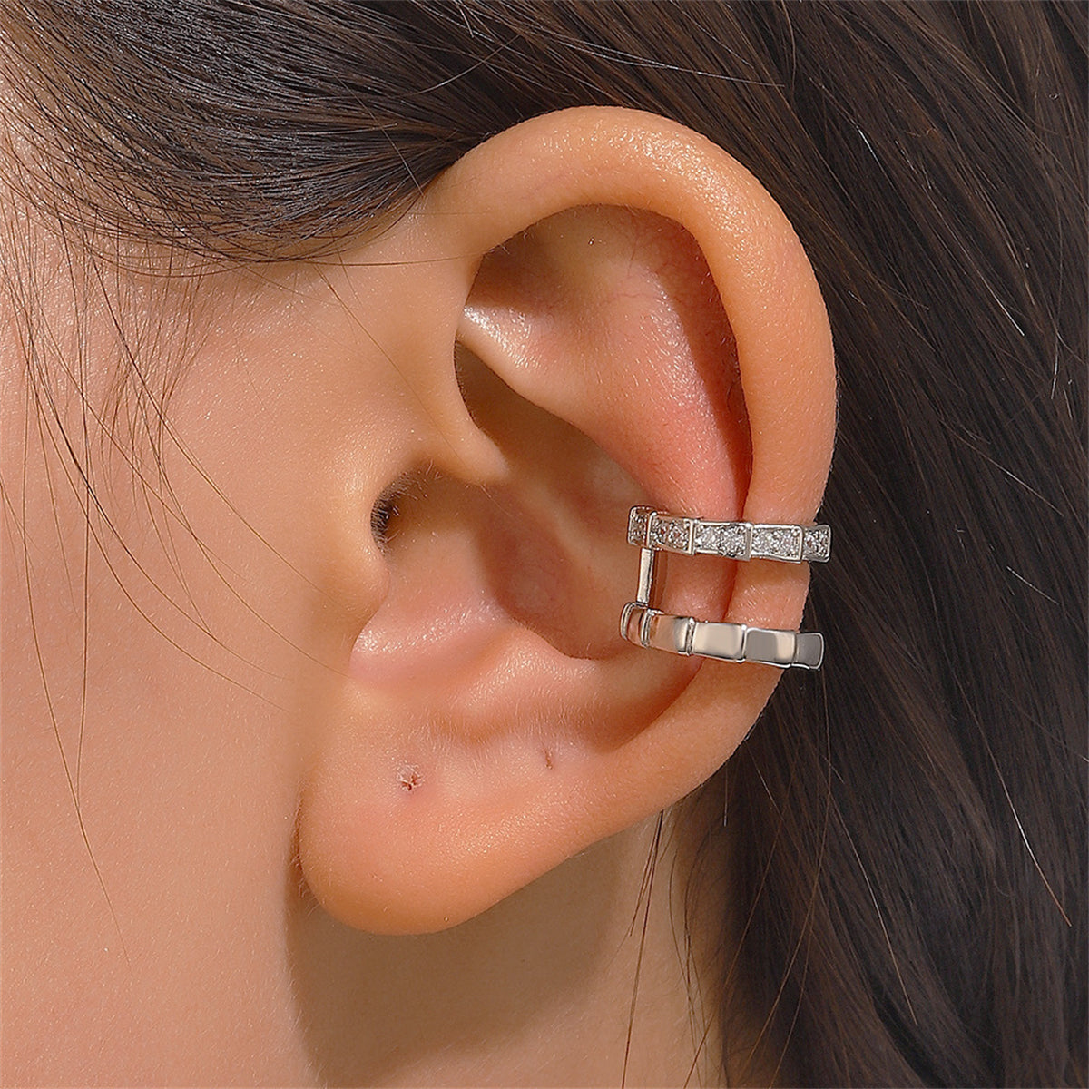 Cubic Zirconia and Silver-Plated Scale Layered Ear Cuff, silver stud earrings for women, dainty minimalist design, front view