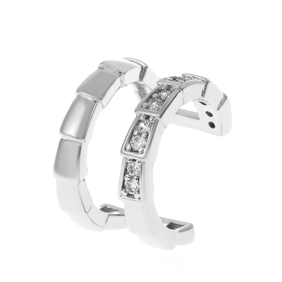 Cubic Zirconia and Silver-Plated Scale Layered Ear Cuff, silver stud earrings for women, detail close-up