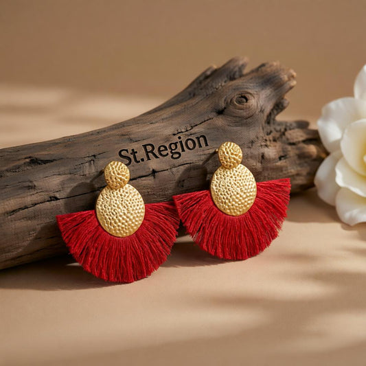 Red Polyster and 18K Gold-Plated Textured Round Fan Drop Earrings, gold drop earrings for women, front view