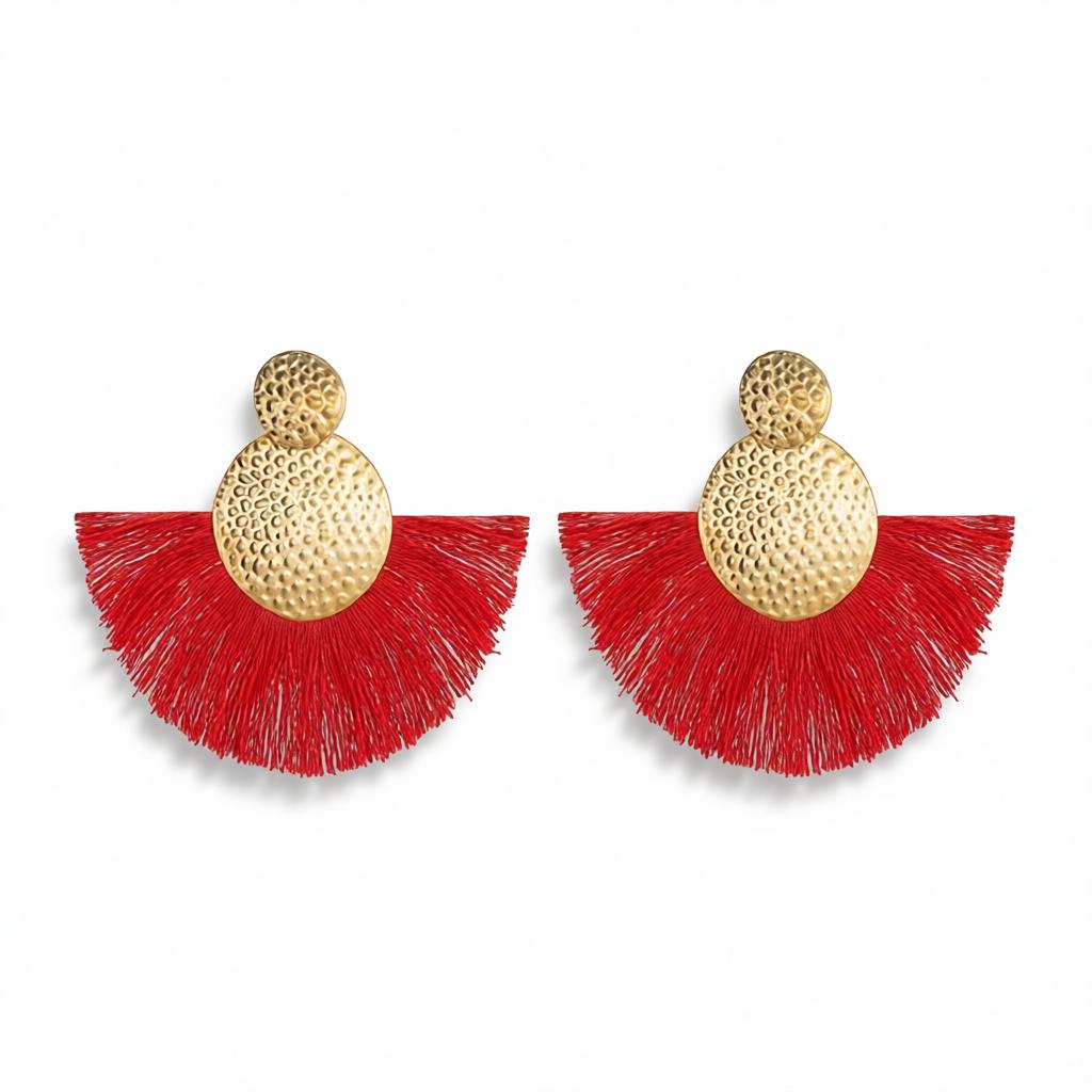 Red Polyster and 18K Gold-Plated Textured Round Fan Drop Earrings, gold drop earrings for women, side view
