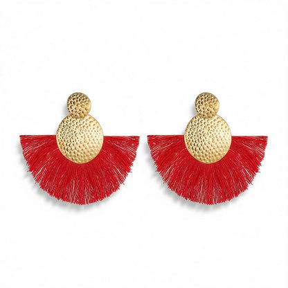 Red Polyster and 18K Gold-Plated Textured Round Fan Drop Earrings, gold drop earrings for women, side view