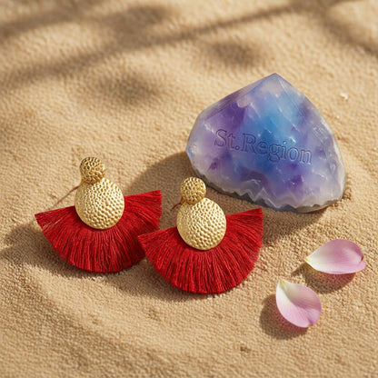 Red Polyster and 18K Gold-Plated Textured Round Fan Drop Earrings, gold drop earrings for women, detail close-up