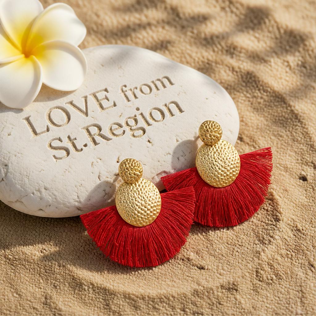 Red Polyster and 18K Gold-Plated Textured Round Fan Drop Earrings, gold drop earrings for women, lifestyle look