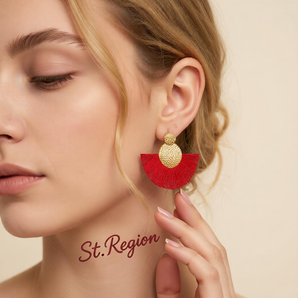 Red Polyster and 18K Gold-Plated Textured Round Fan Drop Earrings, gold drop earrings for women, styled look