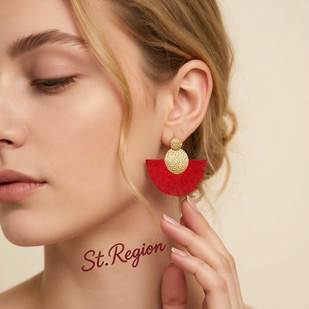 Red Polyster & 18K Gold-Plated Textured Round Fan Drop Earrings