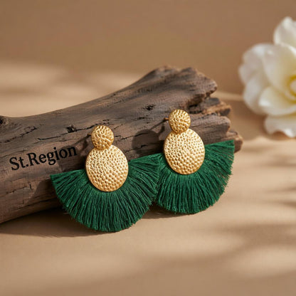Dark Green Polyster and 18K Gold-Plated Textured Round Fan Drop Earrings, gold drop earrings for women, front view