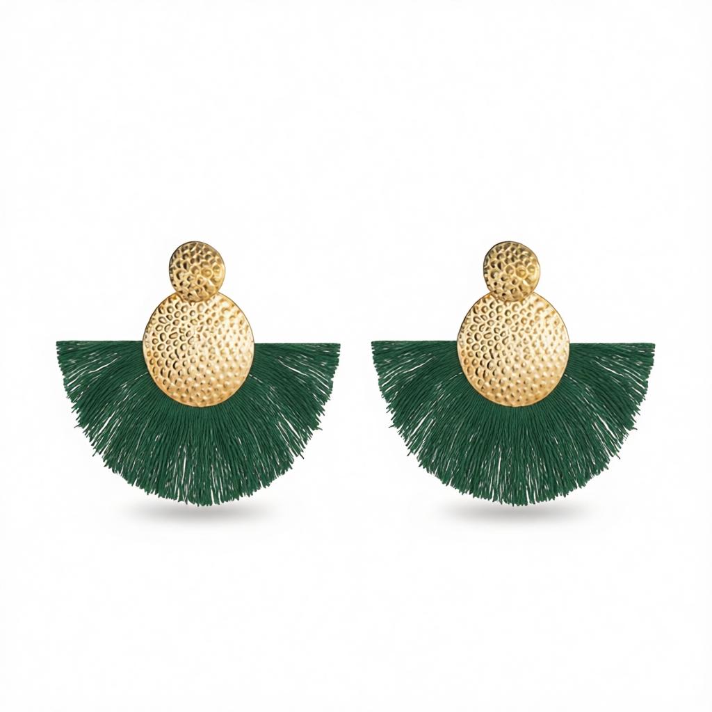 Dark Green Polyster and 18K Gold-Plated Textured Round Fan Drop Earrings, gold drop earrings for women, side view