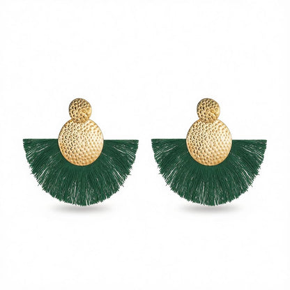 Dark Green Polyster and 18K Gold-Plated Textured Round Fan Drop Earrings, gold drop earrings for women, side view