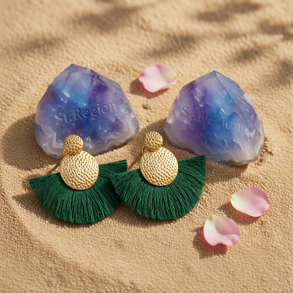 Dark Green Polyster and 18K Gold-Plated Textured Round Fan Drop Earrings, gold drop earrings for women, detail close-up
