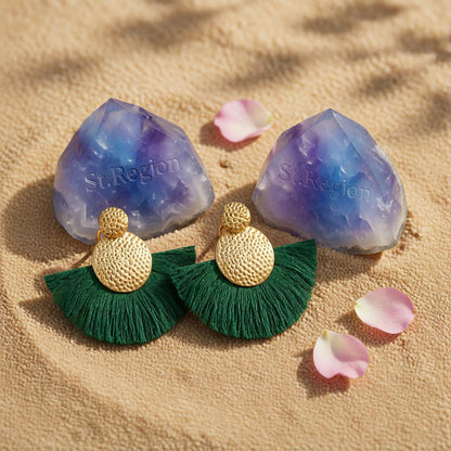 Dark Green Polyster and 18K Gold-Plated Textured Round Fan Drop Earrings, gold drop earrings for women, detail close-up