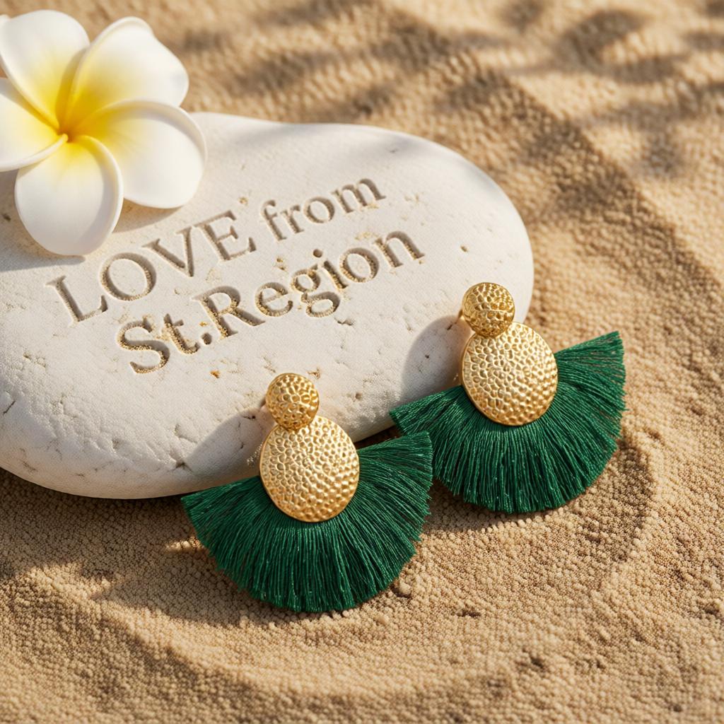 Dark Green Polyster and 18K Gold-Plated Textured Round Fan Drop Earrings, gold drop earrings for women, lifestyle look