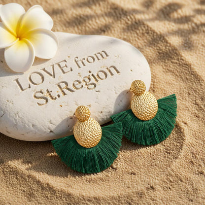 Dark Green Polyster and 18K Gold-Plated Textured Round Fan Drop Earrings, gold drop earrings for women, lifestyle look