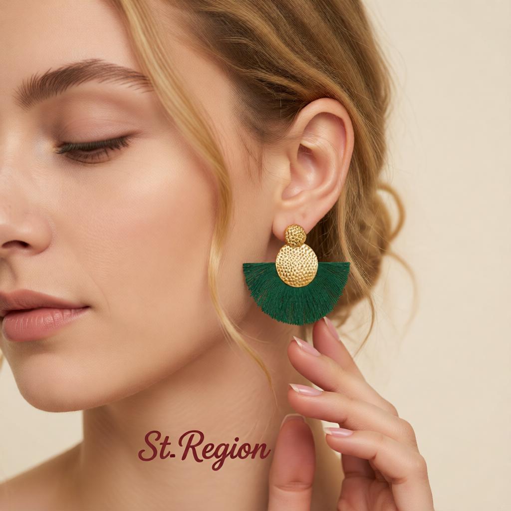 Dark Green Polyster and 18K Gold-Plated Textured Round Fan Drop Earrings, gold drop earrings for women, styled look
