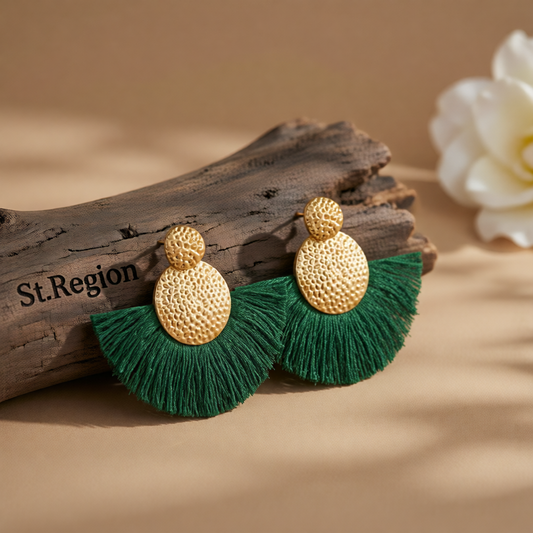 Dark Green Polyster & 18K Gold-Plated Textured Round Fan Drop Earrings