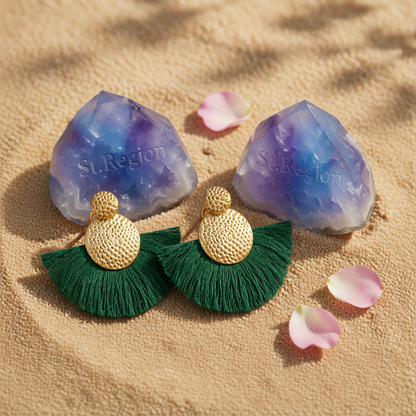 Dark Green Polyster & 18K Gold-Plated Textured Round Fan Drop Earrings