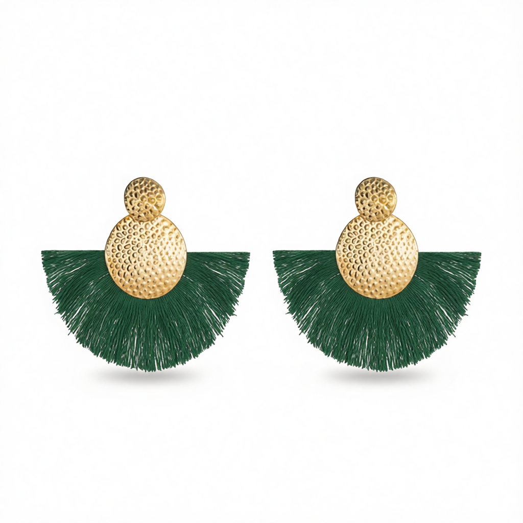Dark Green Polyster & 18K Gold-Plated Textured Round Fan Drop Earrings