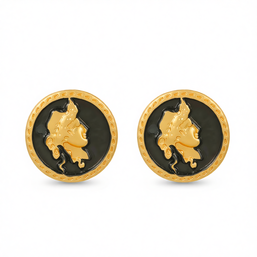 Black Enamel & 18K Gold-Plated Round Cameo Stud Earrings