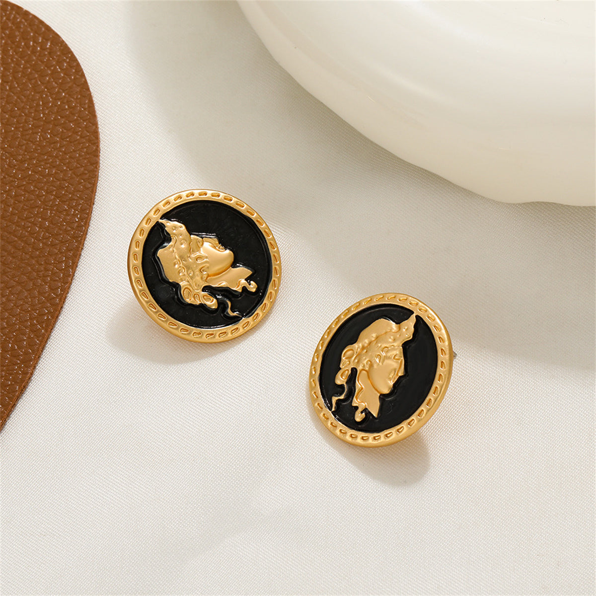 Black Enamel & 18K Gold-Plated Round Cameo Stud Earrings