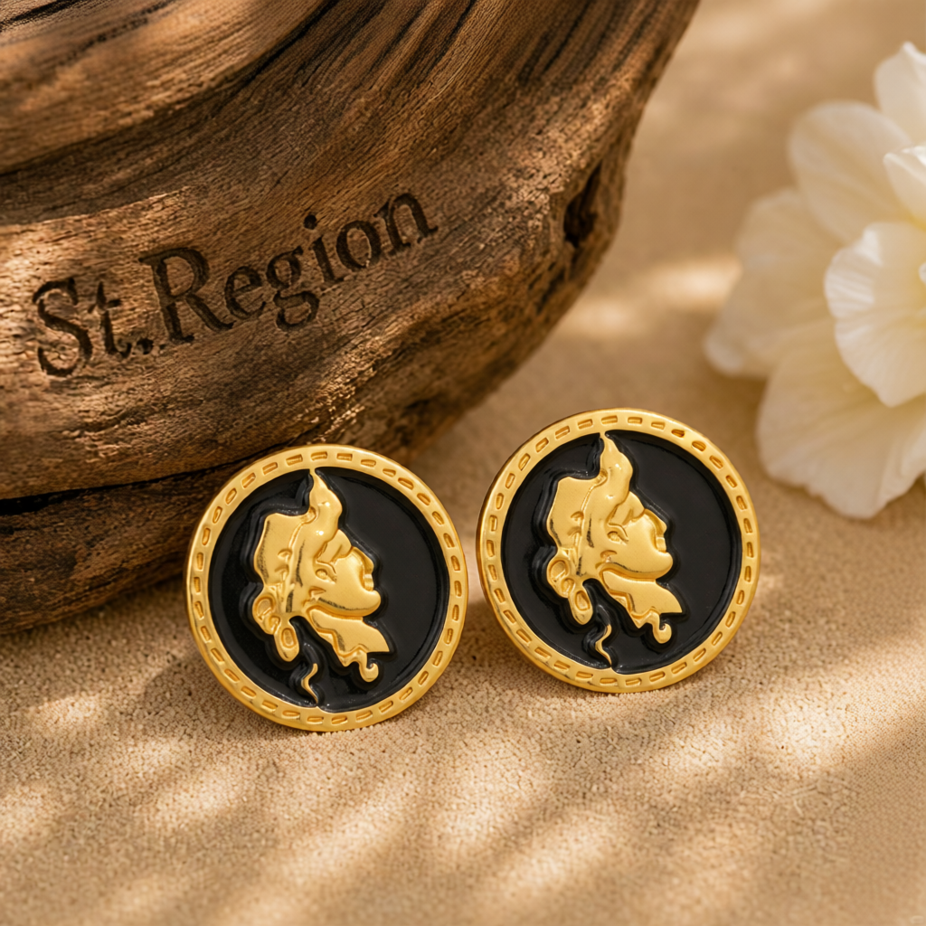 Black Enamel & 18K Gold-Plated Round Cameo Stud Earrings