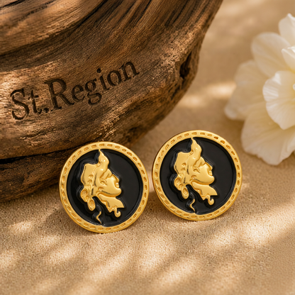 Black Enamel & 18K Gold-Plated Round Cameo Stud Earrings