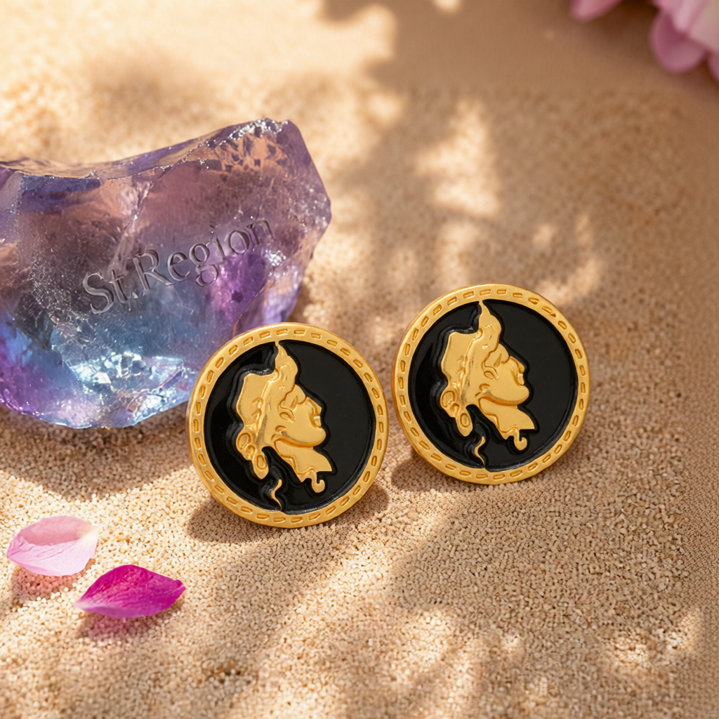 Black Enamel & 18K Gold-Plated Round Cameo Stud Earrings
