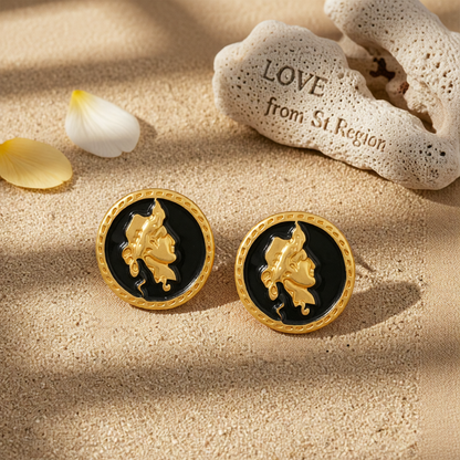 Black Enamel & 18K Gold-Plated Round Cameo Stud Earrings