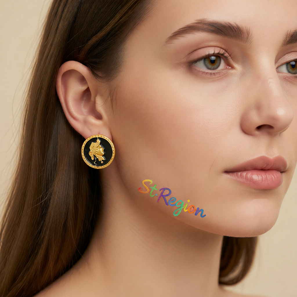 Black Enamel & 18K Gold-Plated Round Cameo Stud Earrings