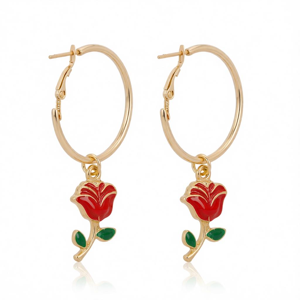 Red Enamel and 18K Gold-Plated Rose Huggie Earrings, gold huggie earrings, botanical inspired, side view