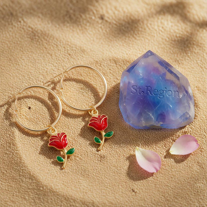 Red Enamel and 18K Gold-Plated Rose Huggie Earrings, gold huggie earrings, botanical inspired, detail close-up
