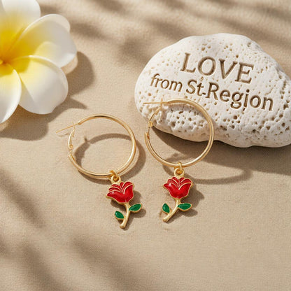 Red Enamel and 18K Gold-Plated Rose Huggie Earrings, gold huggie earrings, botanical inspired, lifestyle look