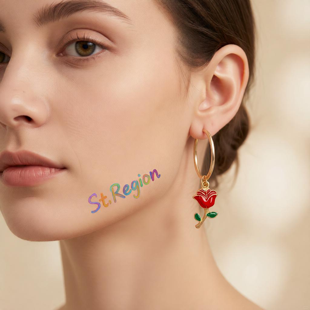Red Enamel and 18K Gold-Plated Rose Huggie Earrings, gold huggie earrings, botanical inspired, styled look