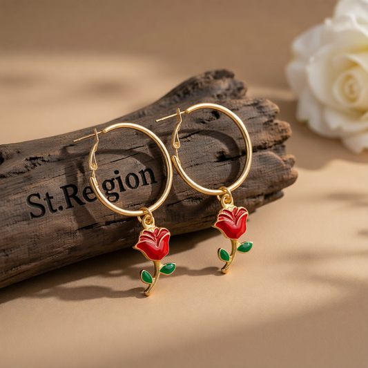 Red Enamel & 18K Gold-Plated Rose Huggie Earrings