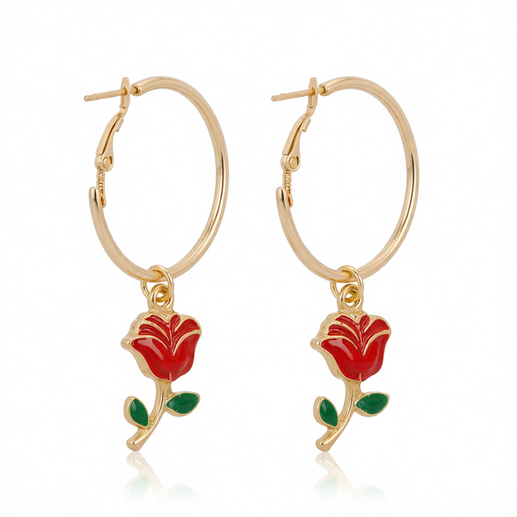 Red Enamel & 18K Gold-Plated Rose Huggie Earrings