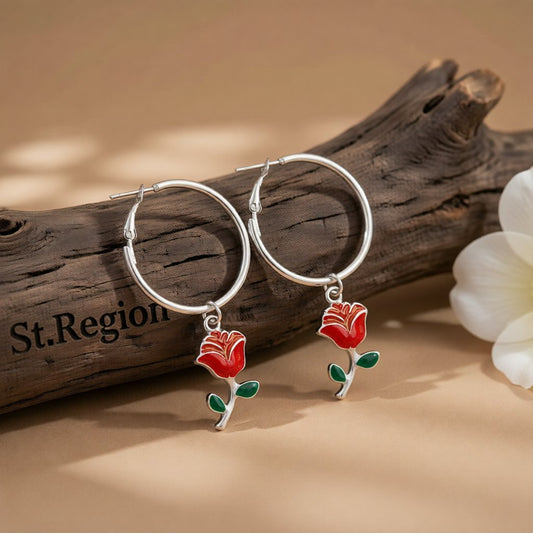 Red Enamel & Silver-Plated Rose Huggie Drop Earrings