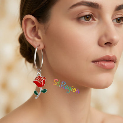 Red Enamel & Silver-Plated Rose Huggie Drop Earrings