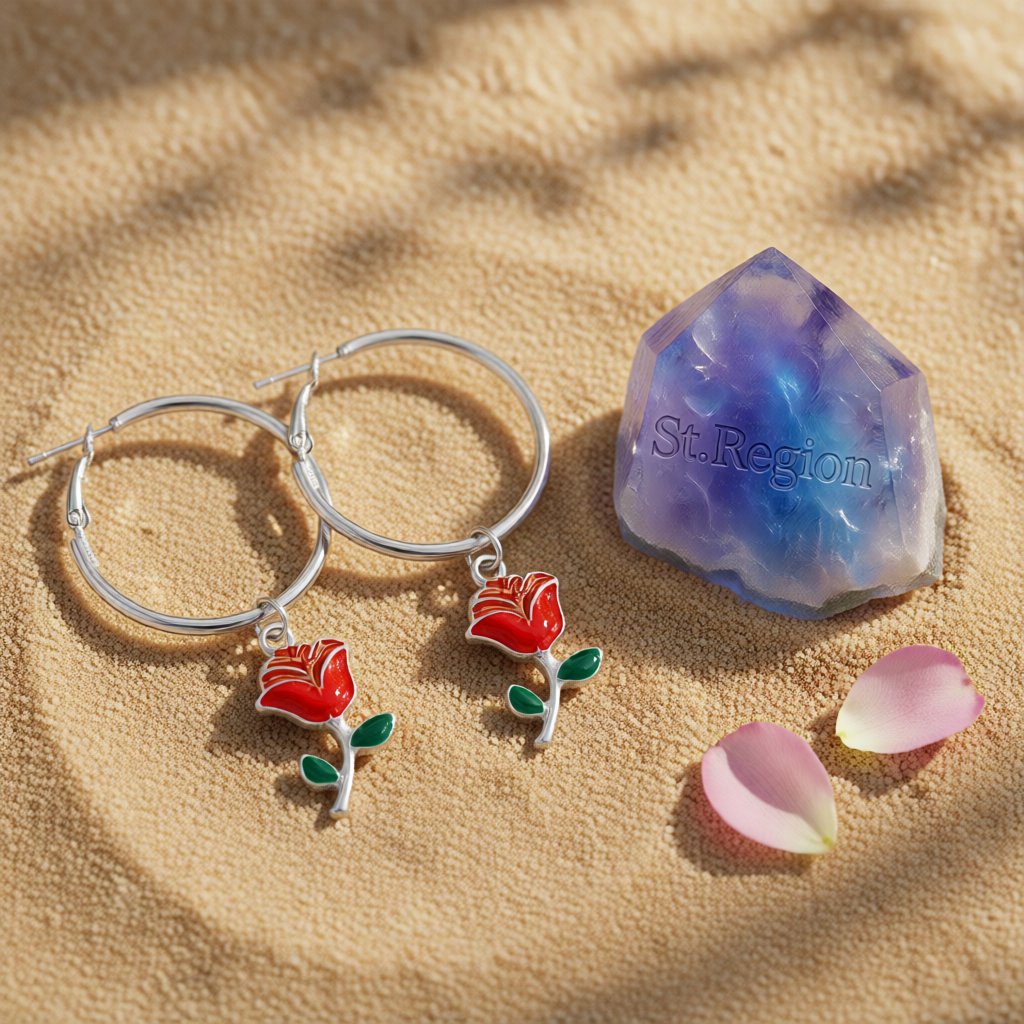 Red Enamel & Silver-Plated Rose Huggie Drop Earrings