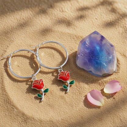 Red Enamel & Silver-Plated Rose Huggie Drop Earrings