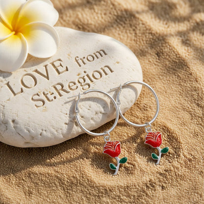 Red Enamel & Silver-Plated Rose Huggie Drop Earrings