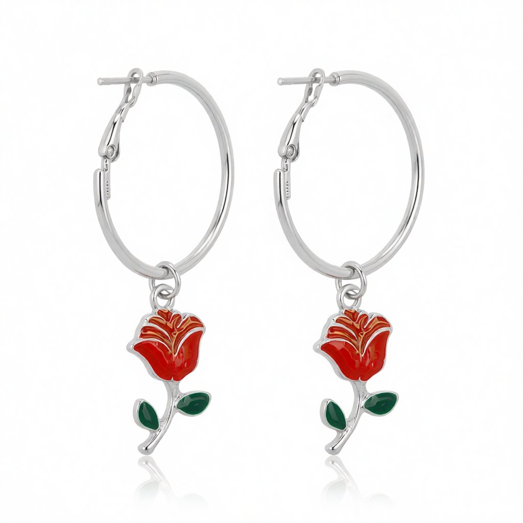 Red Enamel & Silver-Plated Rose Huggie Drop Earrings