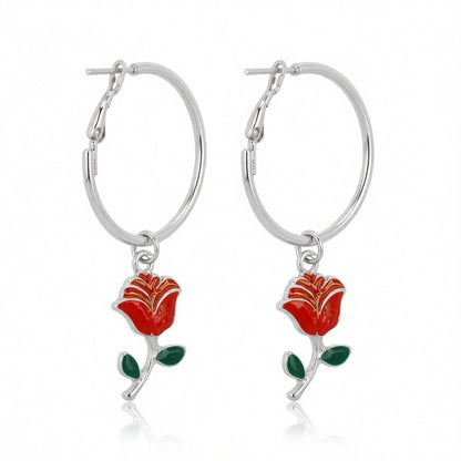 Red Enamel & Silver-Plated Rose Huggie Drop Earrings