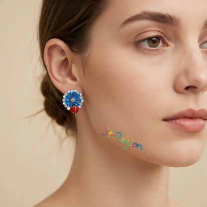 Blue Enamel & Silver-Plated Floral Ladybug Stud Earrings