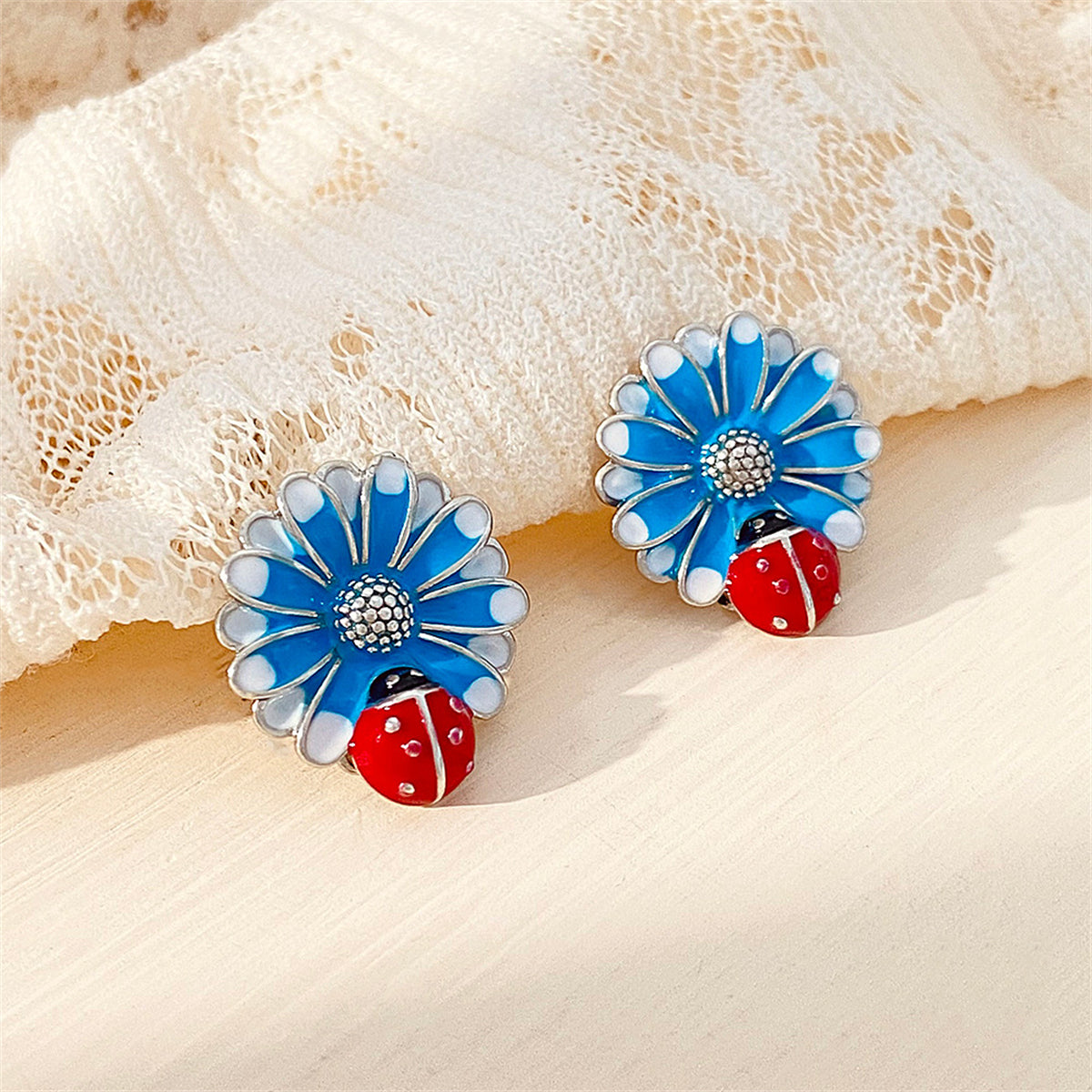 Blue Enamel & Silver-Plated Floral Ladybug Stud Earrings