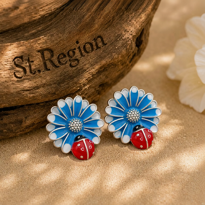 Blue Enamel & Silver-Plated Floral Ladybug Stud Earrings