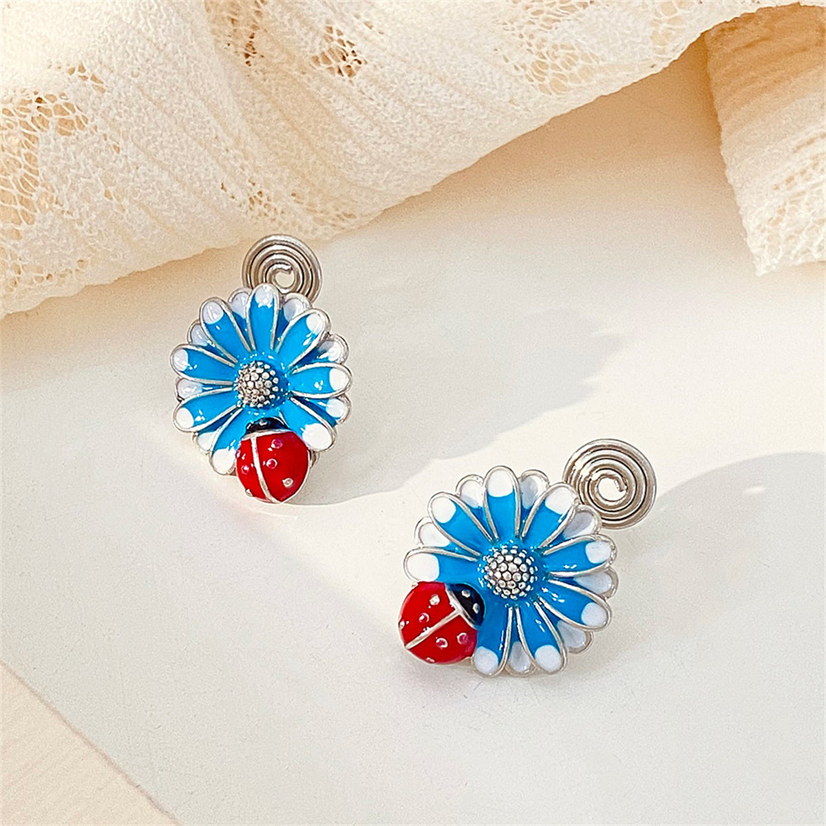 Blue Enamel & Silver-Plated Floral Ladybug Stud Earrings